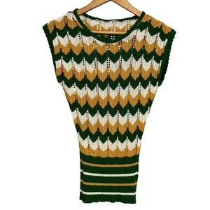 Vintage Crochet Cheveron Ripple Knit Shirt Green, Yellow, and White Woman's S.